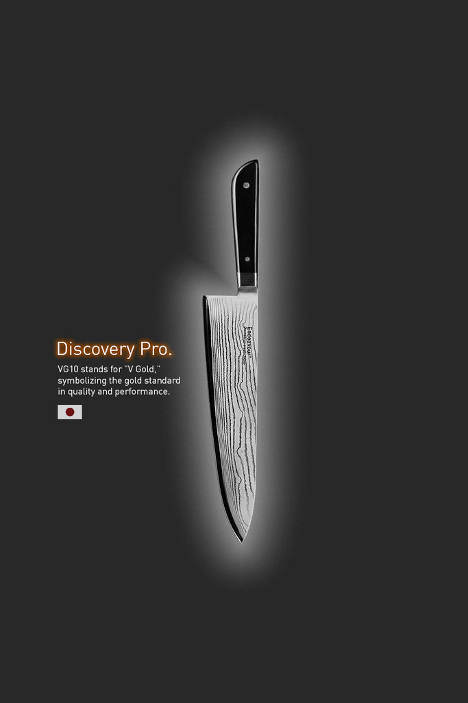  A chef's knife with a black handle and detailed blade pattern, labeled "Discovery Pro" and a Japanese flag icon. Text mentions "VG10" as the gold standard in quality and performance.